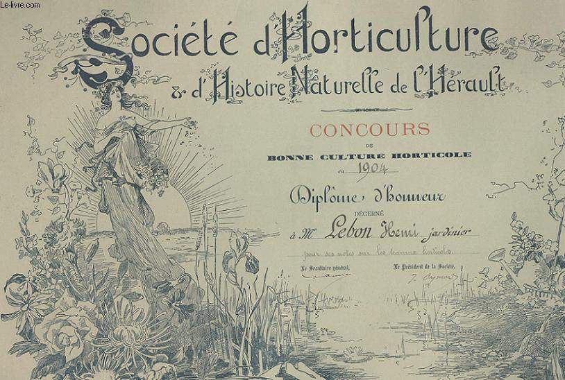 DIPLOME / PRIX - SOCIETE D'HORTICULTURE ET D'HISTOIRE NATURELLE DE L'HERAULT